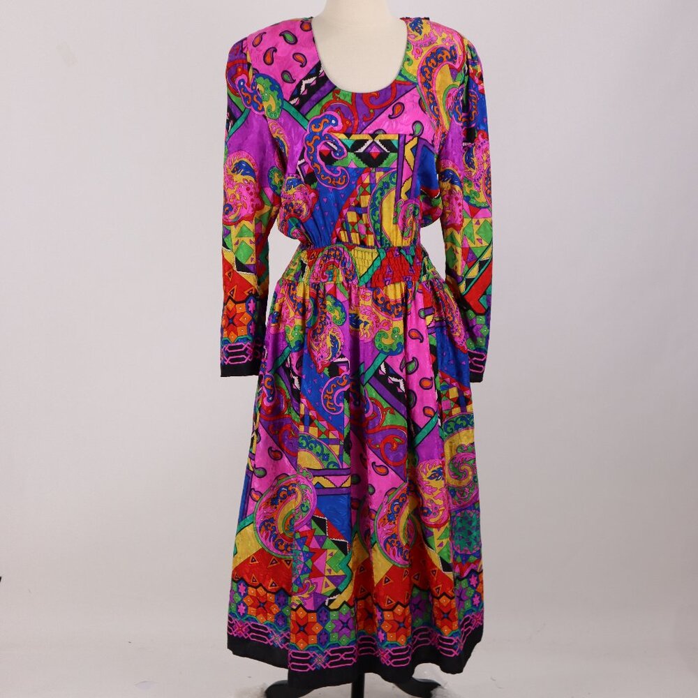 🌺 Vintage 80's Diane Freis Psychedelic Colorful Silk Dress Gown Party Cocktail